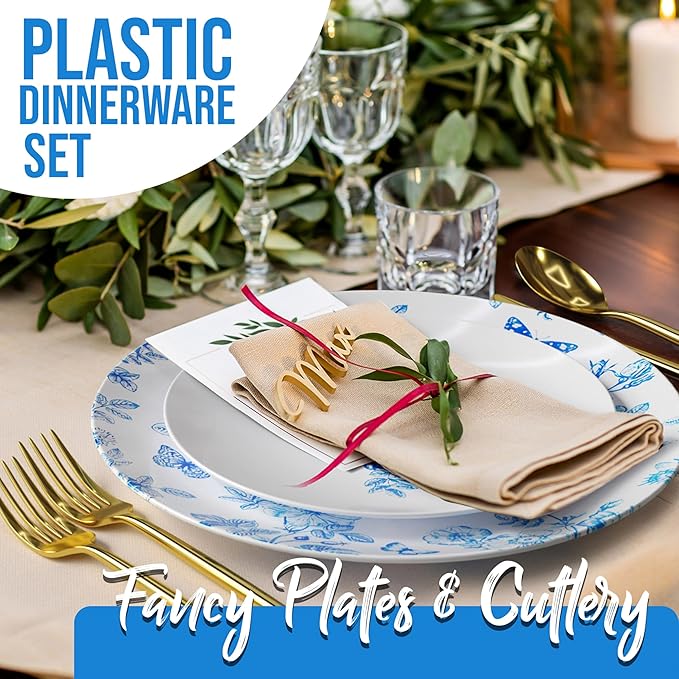 Trendables Fancy Plastic Dinnerware Sets 200 Pc Set 40 Guests Gold Silverware Disposable 40 X 10 Inch Charger Plates 40 X 8 Inch Dessert Plates 40 x Gold Plastic Forks and Spoons Knives In Botanical