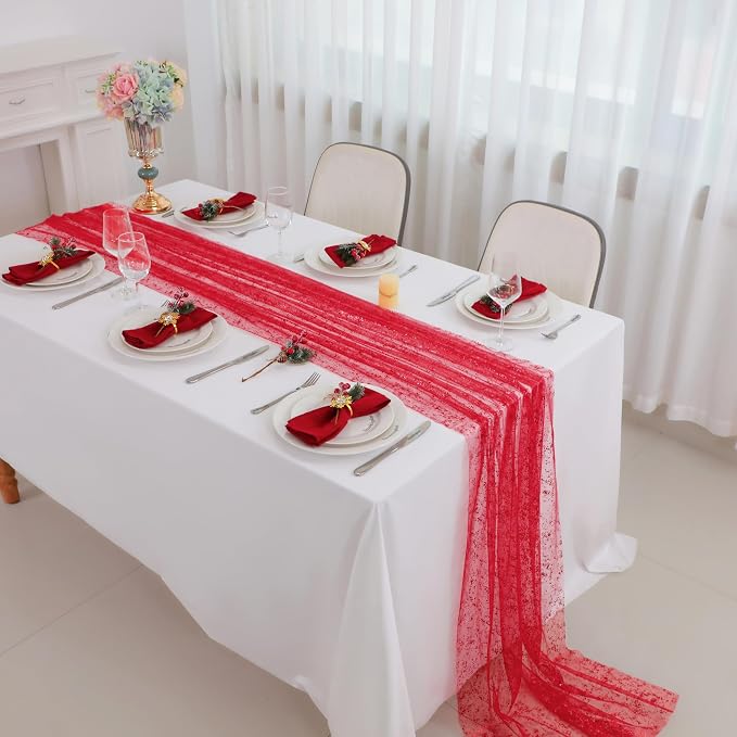 Snowkingdom 6 Pcs Red Glitter Table Runner 10 FT, Sheer Chiffon Sparkle Gauze - Image 5