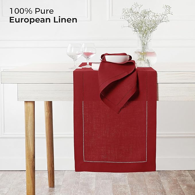 D'Moksha Homes Linen Red Table Runner 36 Inches - 100% Pure Linen Small Table Runner 14 x 36 Inch Ideal for Dresser, Coffee Tables, Valentines, Spring - Classic Hemstitch