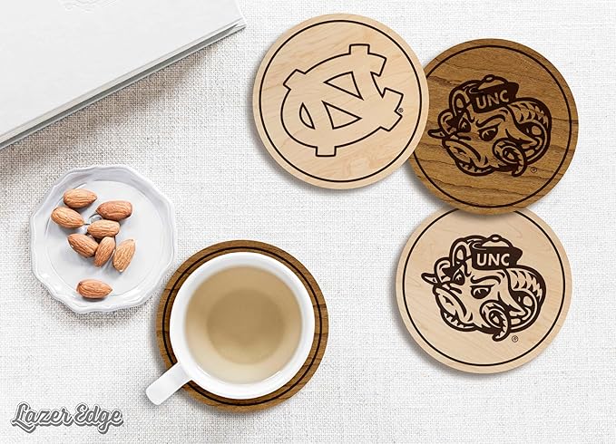 LazerEdge North Carolina Tar Heels Wooden Coaster Set - Cherry Wood - Officially Licensed Product - 4-Pack