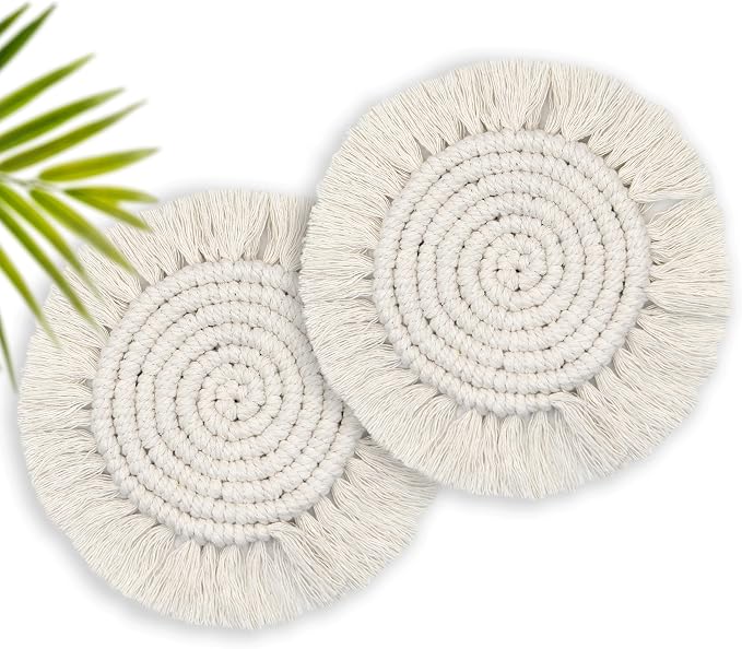 Coomin Boho Coasters for Drinks, Handmade Coasters 7.4in, 2p Beige | Woven by COOMIN