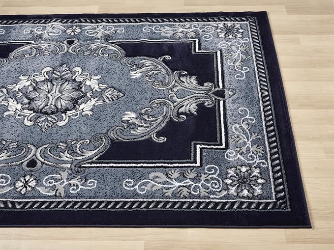 Modern 5x7 Navy Traditional Living Room Rug - Area Rugs for Living Room, Dining & Bedroom - Hand Carved Runner Carpet - Durable Polyester - Non-Fade, Stain-Resistant - Turkish Made