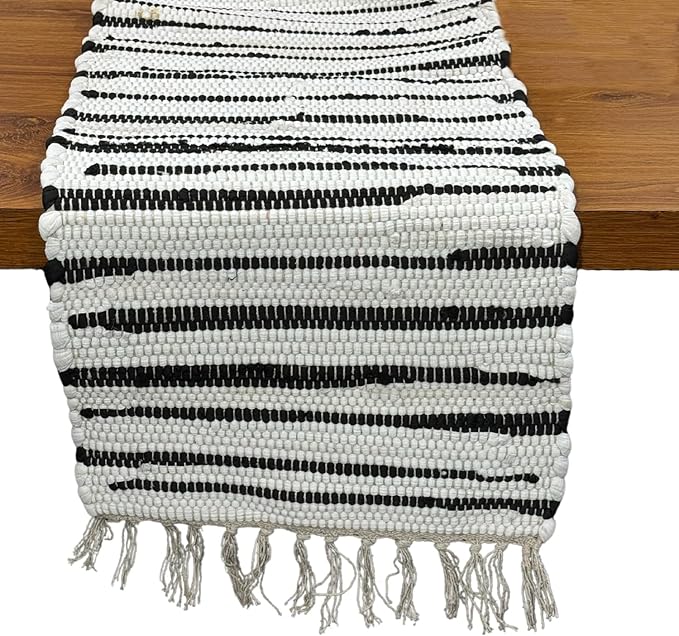 Perilla Home Chindi Table Runner Boho with Tassels 72 Inches Long Linen Cotton - Braided Rustic Farmhouse Fall Kitchen Dining Table Decoration for Party Wedding (Black & White)