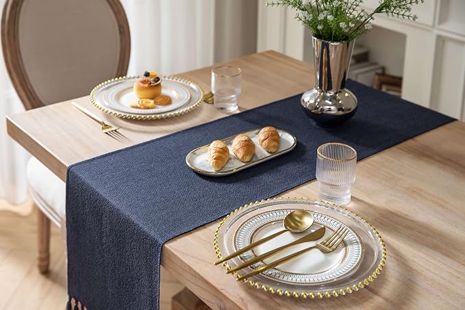 Navy Table Runners 108 Inches Long, Burlap Linen Style Rustic Farmhouse Table - Image 4