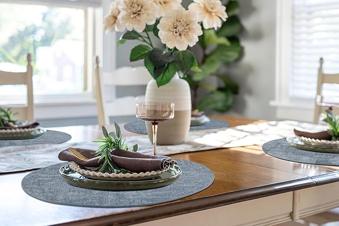homing Round Faux Leather Placemat and Coaster 4 Packs, Washable Heat Resistant Dining Place Mats, Wipeable Double-Sided Table Mats for Indoor and Outdoor, Diameter 13 and 3.93 inch, Blue