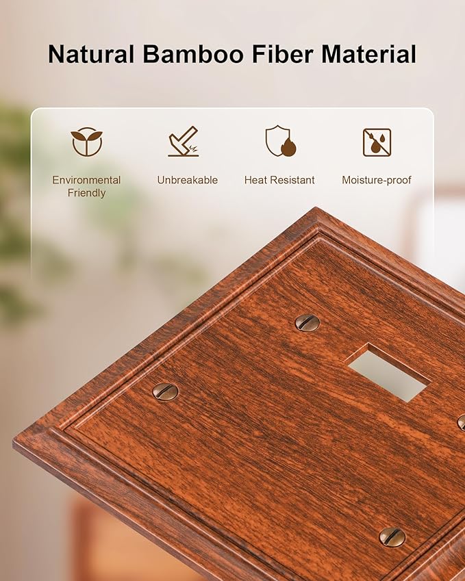 2-Pack Combo Blank/Toggle Light Switch Cover Plate, Wood Grain Modern Decorative Electrical Outlet Covers, Bamboo Fiber Wall Switch Plates and Outlet Covers