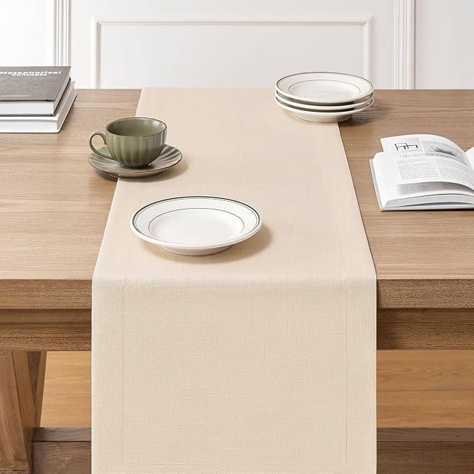Linen Textured Border Table Runner, 14 x 48 Inch Cream | Mitered Corner Design - Image 3