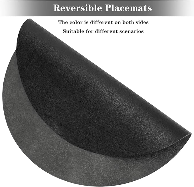 Round Placemats and Coasters Set of 6, Washable Reversible Faux Leather Placemats Cowhide Pattern Place Mats Wipeable Non-Slip 15 inch Round Kitchen Dining Table Mats (Gray Black, 6)