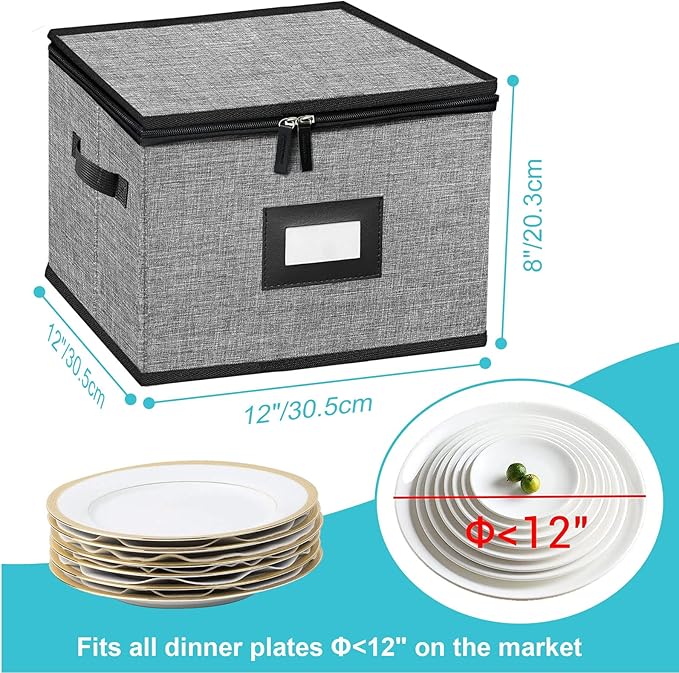 China Storage Containers-Quilted Dish Storage Containers with Lid Hard Shell for Moving Transport, Dinnerware Storage,Stackable Plate Storage,24 Felt Plate Dividers Included,2PACK 12*12*8in