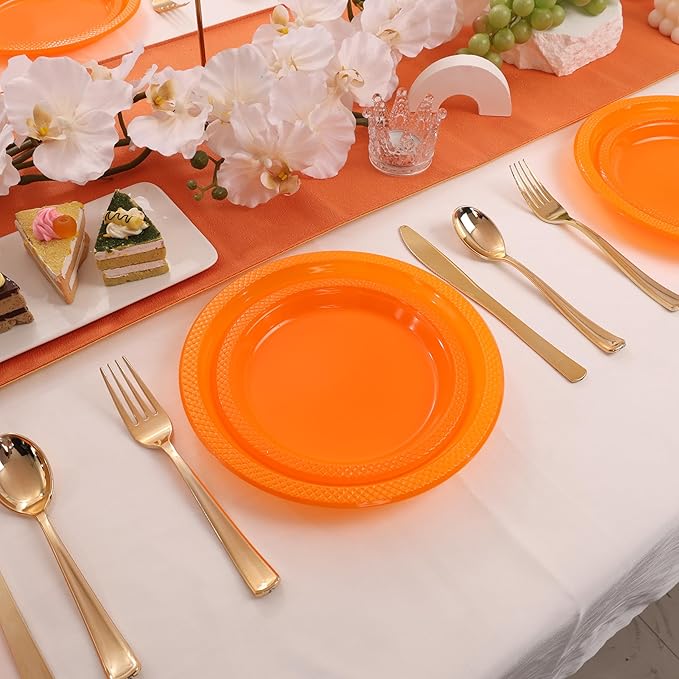 WELLIFE Orange Party Plates 7 Inch -150 Count, Disposable Plastic Dessert Plates for Party Easter Cake Appetizers Salad Picnic BBQ Wedding Engagement Birthday