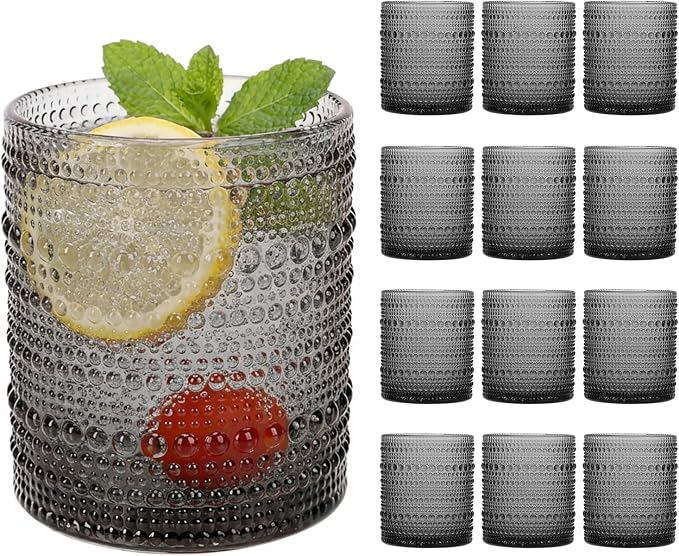Moretoes 12 Pack 10 Oz Gray Hobnail Drinking Glasses Set | Cocktail Glasses by Moretoes