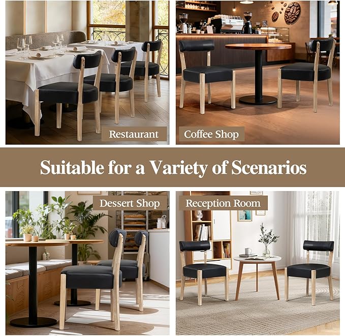 Modern Dining Chairs Set of 2 – Mid-Century Modern Faux Leather Upholstered Kitchen & Dining Room Chairs with Curved Back, Oversized Rounded Seat, Sturdy Wood Frame, Black