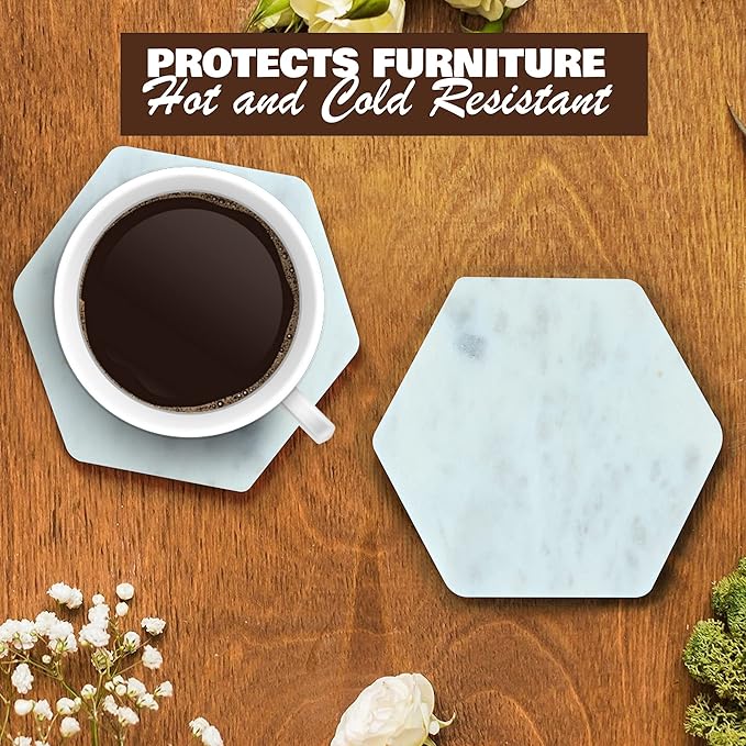 Set of 6 Hexagon Marble Coasters | White Decor for Modern Homes | Drink Coasters for Coffee Table, Dining, Bar or Office| Made from 100% Solid Real Marble | Cute Stone Coasters