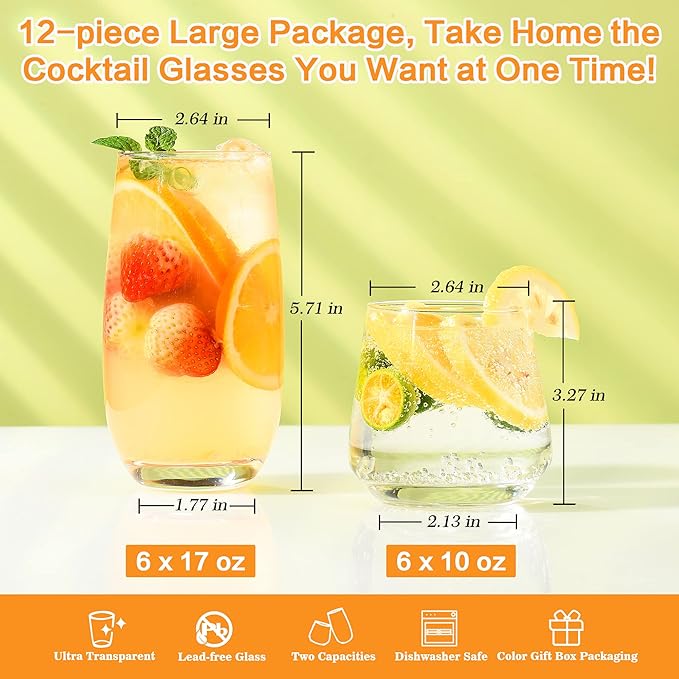 Drinking Glasses Set of 12-6 Tall Glass Cups 17 oz and 6 Short Stemless Wine Glasses 10 oz,Glass Sets for Drinking,Glassware Sets,Drinkware Glasses Set,Mojito Glass, Gift Box Set