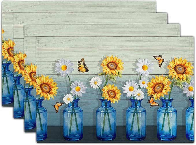 Vintage Floral Placemats Set of 4 - Spring Summer Place Mats 12x18 Sunflower Table Mats Farmhouse Kitchen Mats for Party Dining Table