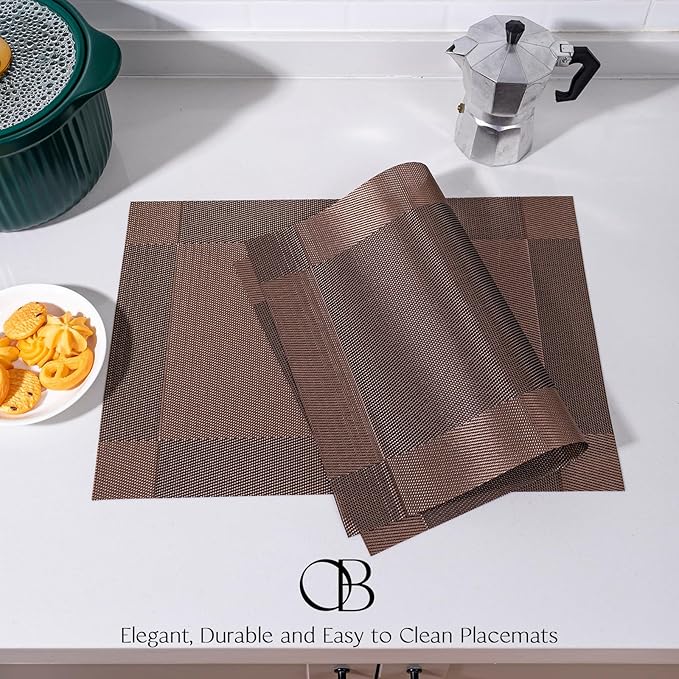 Placemats Set of 12 - Easy Clean Woven Vinyl Placemats for Dining Table, Indoor/Outdoor Place Mats, Washable PVC Table Mats（Brown Cube）