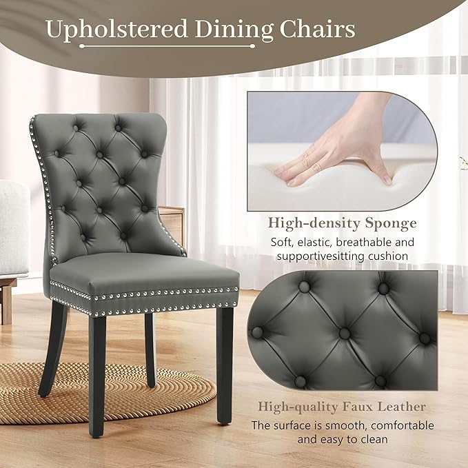 KCC Faux Leather Dining Chairs Set of 4, Upholstered High-end Tufted Dining Room Chair with Nailhead Back Ring Pull Trim Solid Wood Legs, Contemporary Nikki Collection Modern Style for Kitchen, Gray