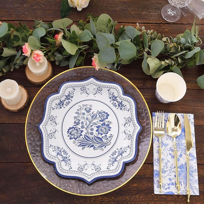 50 Pack 10" Light Blue French Toile Dinner Plates, Disposable Round Paper Party Plates 300 GSM for Festive Table Decoration