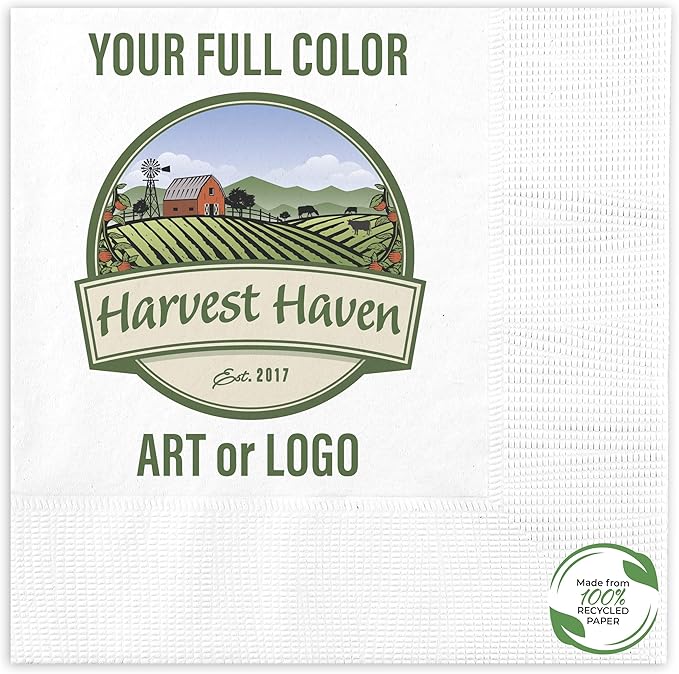 100% Recycled Custom Cocktail Napkins - Personalized 100% Recycled Napkins - Eco-friendly & Full-Color Digital Printed - Weddings, Events & Celebrations - Pack of 50 - Coin Edge Embossed, 5"x 5"