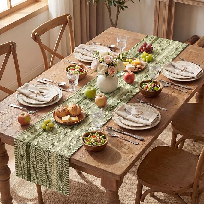Artoid Mode Army Green Farmhouse Stripe Braided Table Runner 12x48 Inch | - Image 5