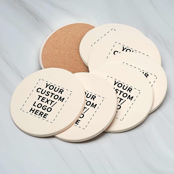 DISCOUNT PROMOS Custom Ceramic Coasters Set of 50, Personalized Bulk Pack - 4 Inches with Cork Bottom Pad, Perfect for Hotel, Bar, Restaurant - Natural