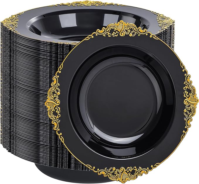 100PCS Black Plastic Bowls - 12 oz Black Gold Disposable Salad Bowls - Heavy Duty Soup Serving Bowl - Fancy Plastic Candy Bowl for Weddings, Parties, Dinners, Catering, Picnics, Party