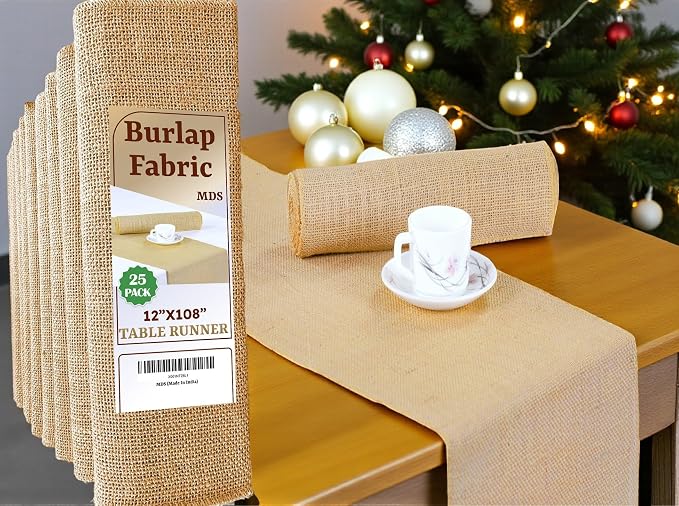 MDS® Pack of 25 Natural Burlap Table Runner, 12 x 108 Inch, Jute Vintage Rustic by MDS