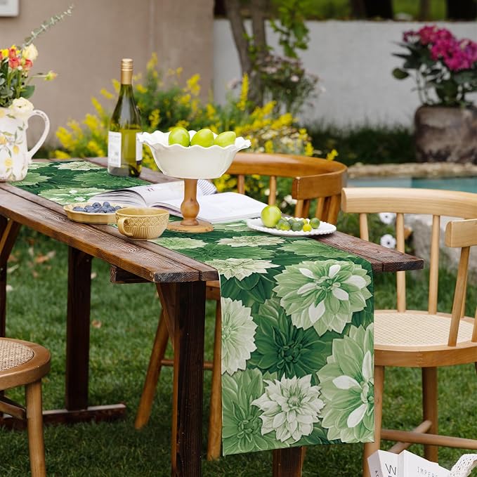 Green Dahlia Flower Table Summer Runner Sage Green Burlap Table Runners - Image 7