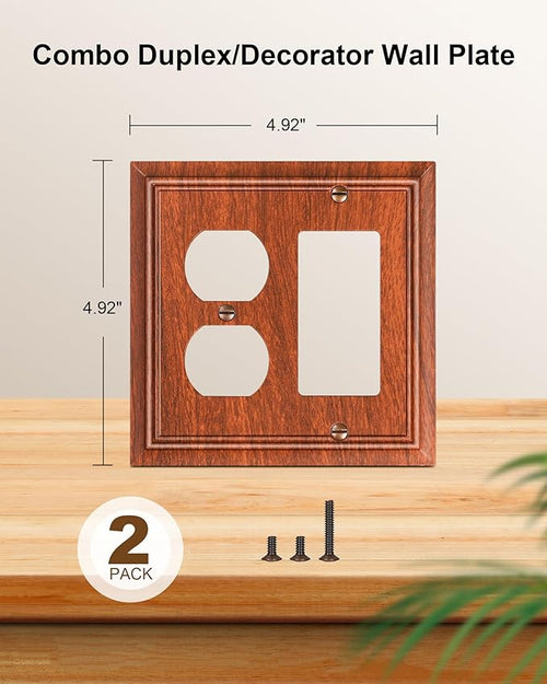 2-Pack Combo Duplex/Decorator Outlet Cover Plate, Wood Grain Decorative Switch Plates Covers, Durable Natural Bamboo Fiber Wall Plates for Electrical Outlets, Receptacle, GFCI Outlet, Dimmer Switch