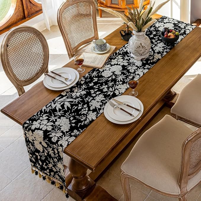 Botanical Floral Dining Black Boho Table Runner 13 x 71 Inch | Jacquard Flower - Image 4