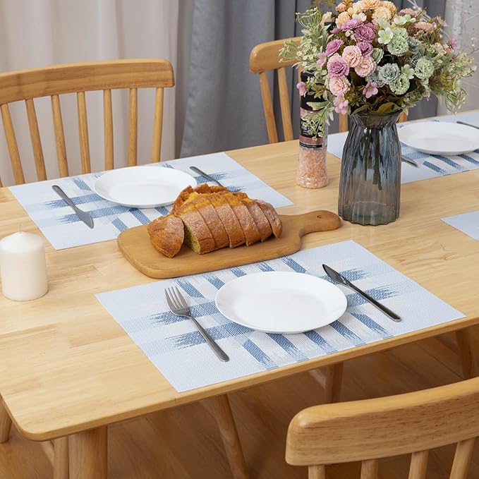 Winknowl Placemats Set of 8, Heat Resistant Stain Resistant Woven Vinyl Insulation Place mats, Durable Washable Elegant Table Mats for Kitchen Dining Table Decor (Geometric Blue)