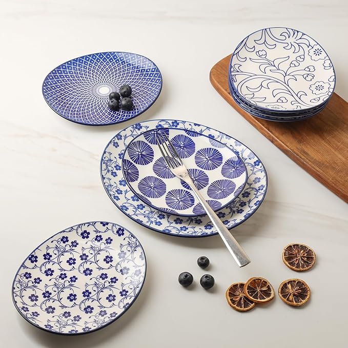 Selamica Small Dinner Plates, Oval Dessert Plates Ceramic, 6 Inch Small Plates for Appetizer, Cake, Snacks, Microwave Dishwasher Safe, Set of 6, Vintage Blue