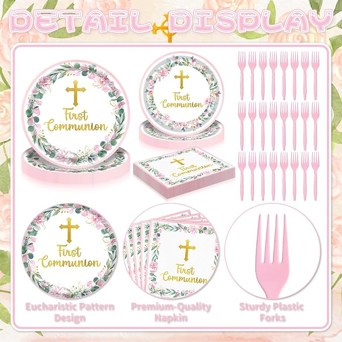 96 Pieces First Communion Floral Tableware Set – Pink Floral Cross Disposable - Image 3