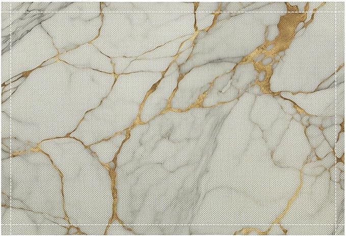 Marble Linen Placemats Set of 2, Modern Abstract Foil Texture White Gold Marble 12x17 Inch Washable Table Mats Non Slip Placemats for Wedding Party Kitchen Banquets Dining Decoration