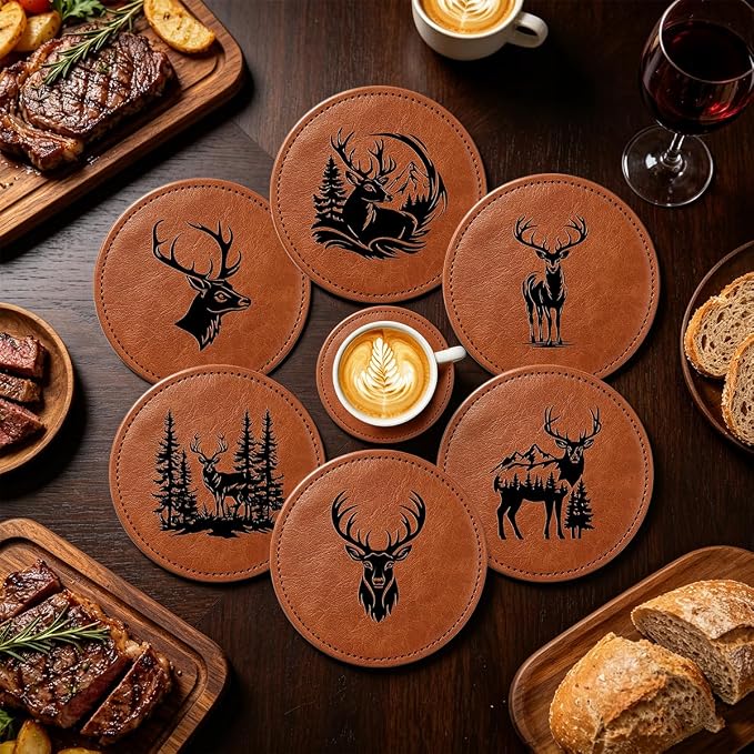 6 Packs Stag Pattern Leather Coaster - Image 3