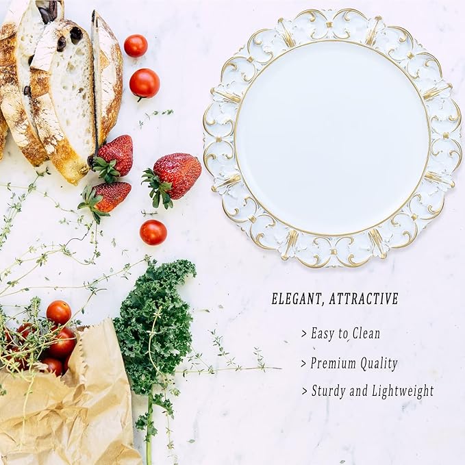 White Charger Plates Set of 6, Decorative Table Plastic Chargers for Dinner Plates, Party, Wedding, Thanksgiving, Christmas, 11W