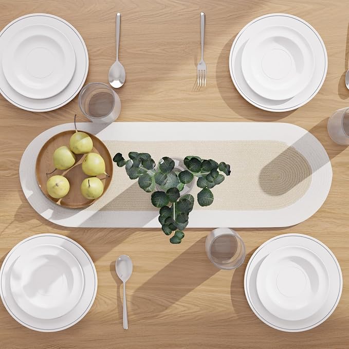 Encasa XO Dining Table Runner, Handmade Ribbed Cotton 12"x36" Beige & Off White - Image 3