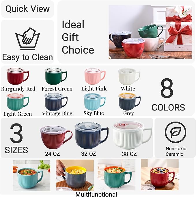 Ceramic Soup Bowl with Handle & Lid, 32oz Microwave Ramen Bowl Set of 2 | - Image 6