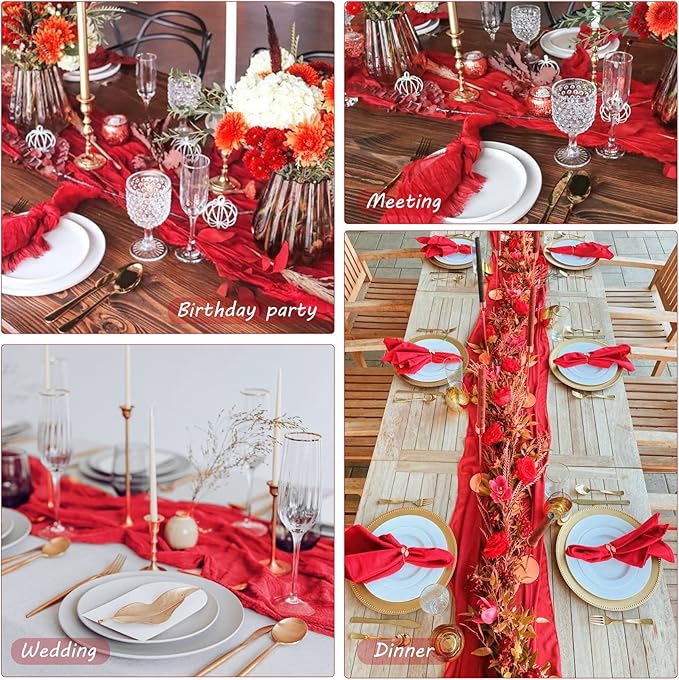 12 Pack 10Ft Cheesecloth Table Runner 35x120 Inch Boho Gauze Table Runner Rustic Cheese Cloth Long Romantic Table Runners for Wedding Bridal Shower Birthday Party Table Decor (Red)