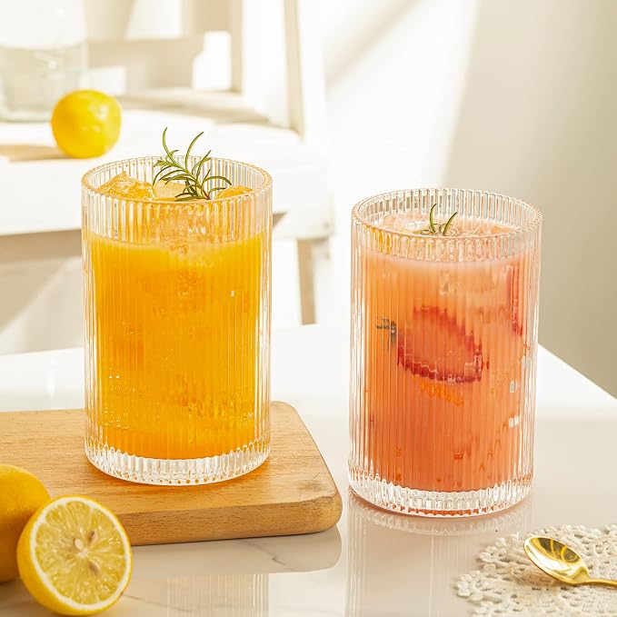 Vintage Ribbed Glassware Set: 4pcs 16.9oz XL Drinking Glasses, Fluted Ripple - Image 5