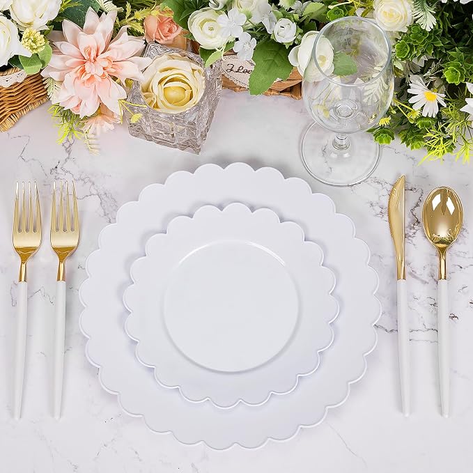 100Pcs White Scalloped Plastic Plates Set - Image 4