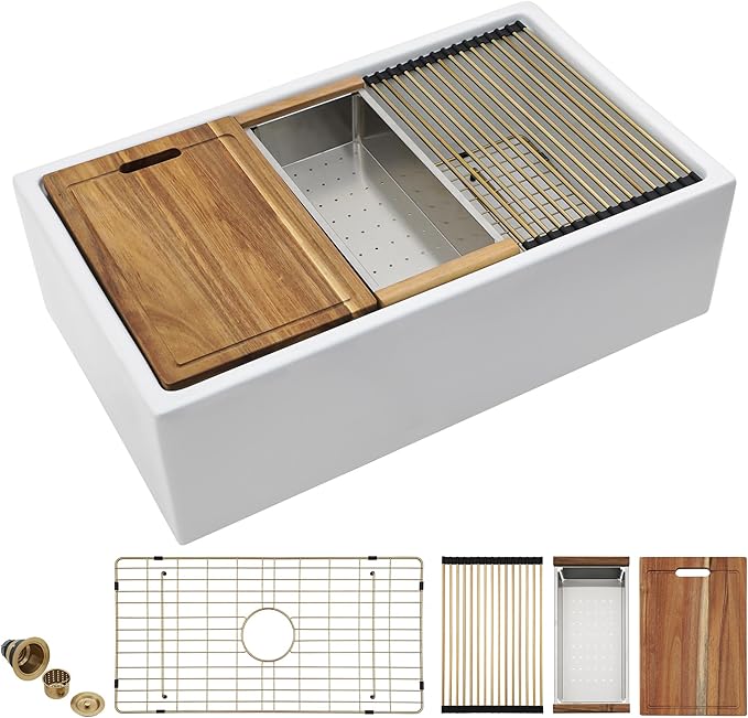 30 White Farm Sink Workstation - Fulorni 30 Inch Farmhouse Kitchen Sink Workstation with Slide Ledge Apron Front Reversible White Fireclay Ceramic Porcelain Single Bowl Farmer Style Basin