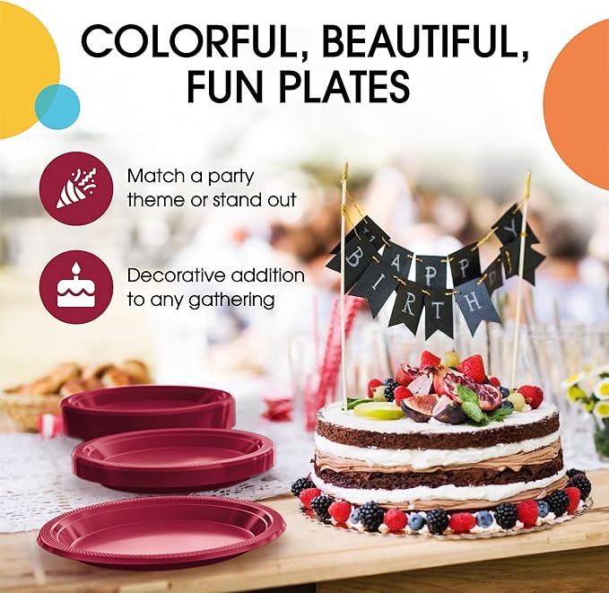 Burgundy Plastic Plates - 7 Inch, 100 Pack, 350 GSM