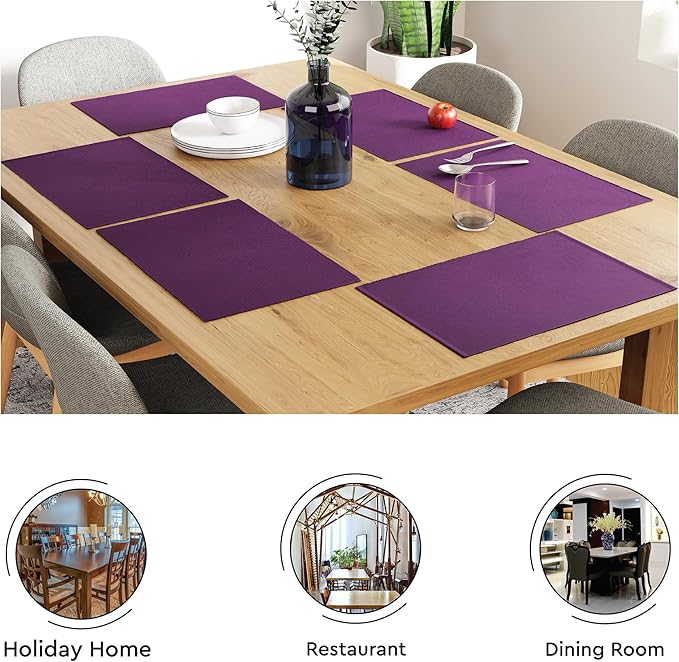 Encasa XO Dining Placemat Set of 6 | Purple Color | Fine Ribbed Cotton Table mat | Size 19x13 in | Machine Washable