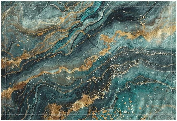 Marble Linen Placemats Set of 2, 12x17 Inch Modern Abstract Foil Stone Texture Teal Gold Marble Table Mats Washable Fabric Place for Party Kitchen Wedding Dining Banquets Decor