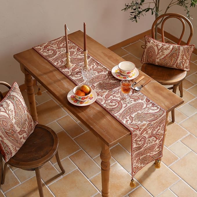 Designer French Linen Extra Long Table Runner, Cashew Pattern, Dining Table - Image 6