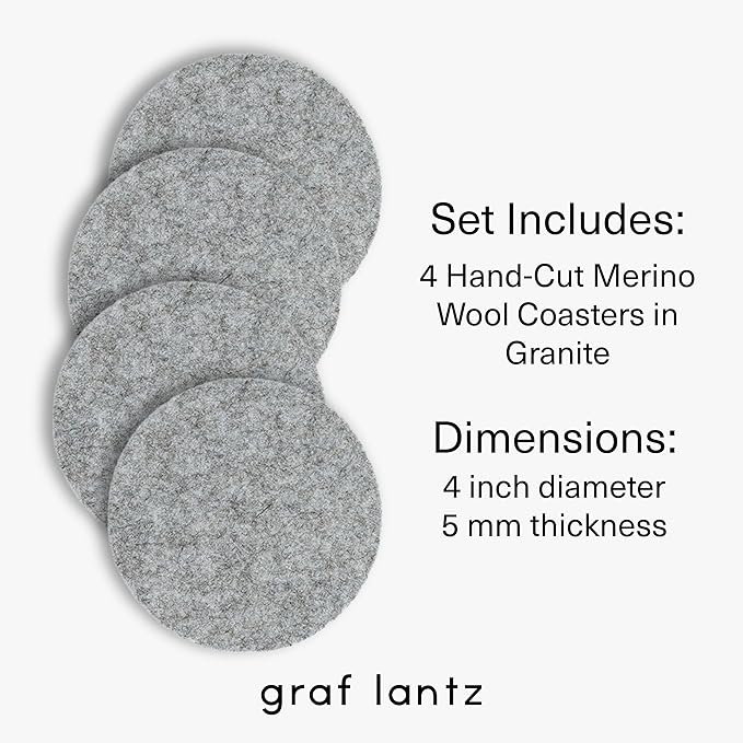 Graf Lantz - Bierfilzl Merino Wool Round Coasters Set of 4 - Granite (4" Circles) - Absorbs 30% of Weight - German Wool - Heat Resistant, Sustainable, & Reusable - Home Decor & Coffee Table Decor