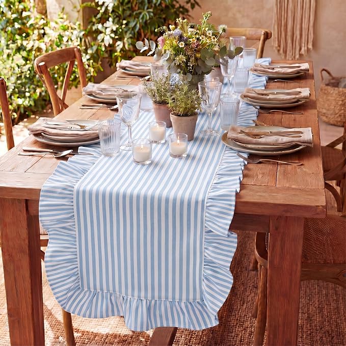 HunnmingRe Ruffle Trim Boho Table Runner Farmhouse Rustic Stripes Scalloped - Image 7