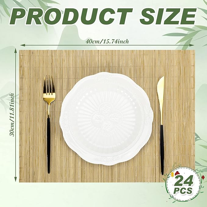 Set of 24 Bamboo Placemats 15.8x12 Inch Sushi Rolling Mat Japanese Style Wicker Placemats Washable Heat Resistant Table Mats for Dinner Kitchen Wedding Party(Natural)