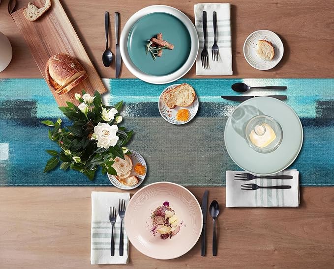 Emvency Table Runner, 13x108 Inch, Abstract Modern Farmhouse | Teal Grey Dining - Image 5